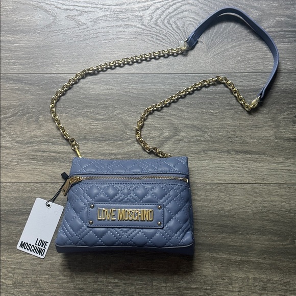 Moschino Handbags - Moschino Quilted Blue Crossbody with Gold Chain